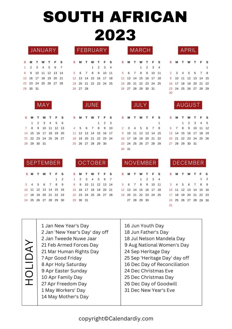 Free Printable South African Calendar Template 2023