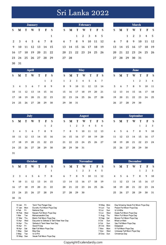 Sri Lanka 2022 Calendar Printable