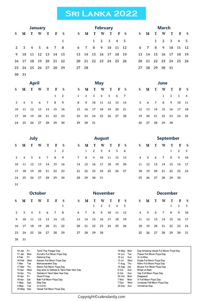 Sri Lanka 2022 Calendar Printable
