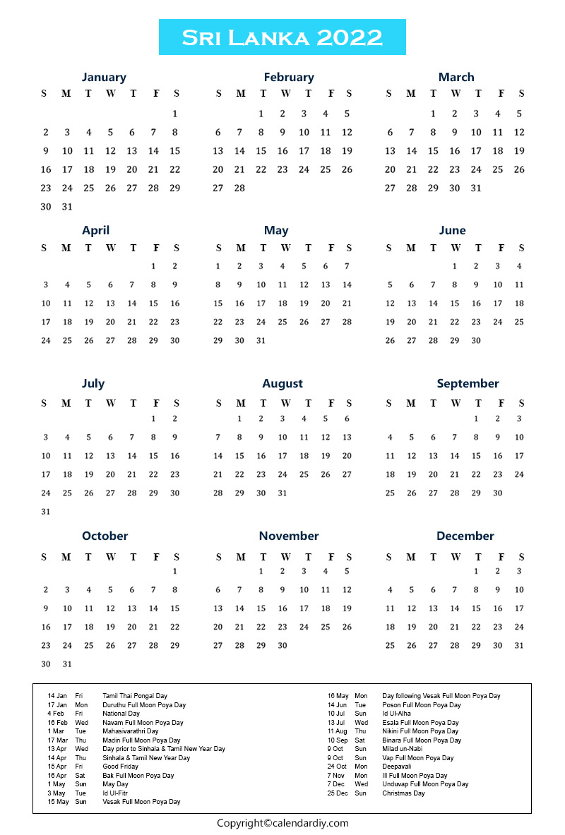 Sri Lanka 2022 Calendar With Holidays In Pdf