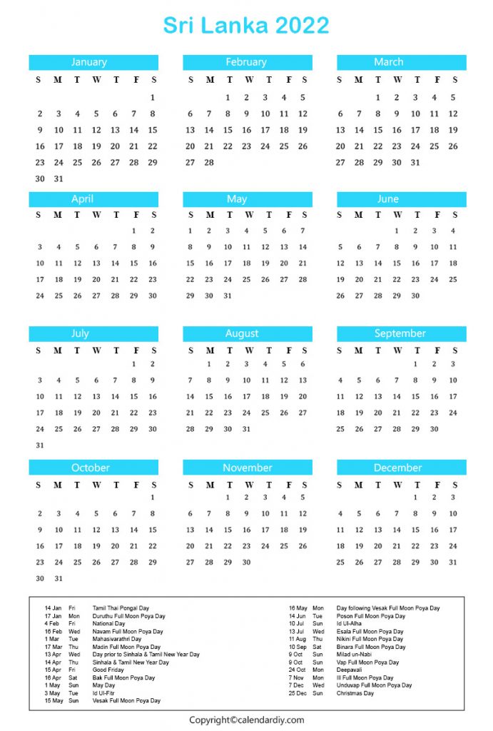 Sri Lanka 2022 Calendar with Holidays in PDF