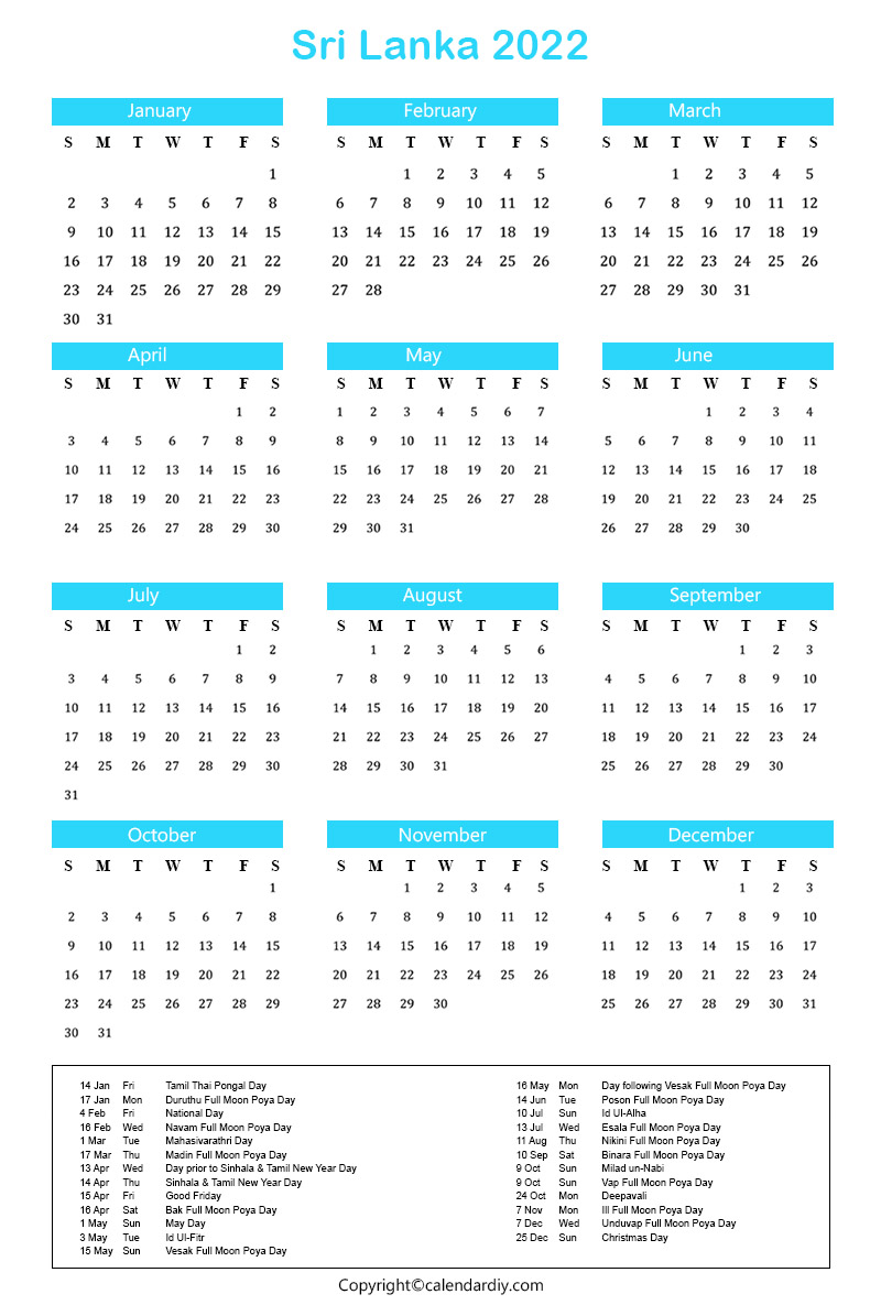 Sri Lanka Calendar 2022 Sri Lanka 2022 Calendar With Holidays In Pdf