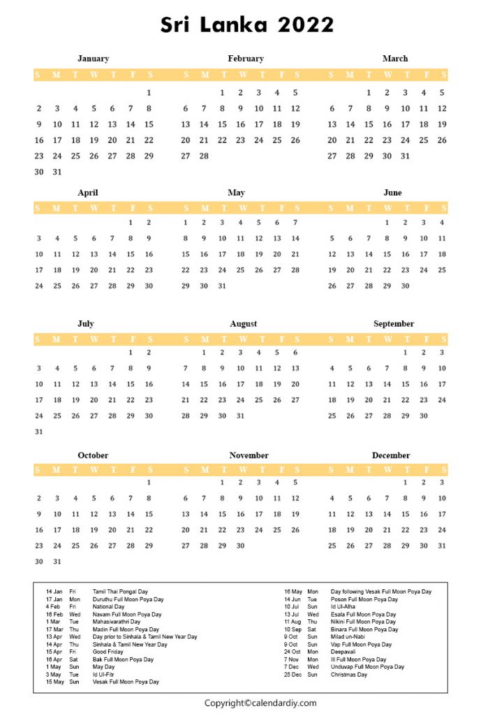 2022 Sri Lanka Holidays Calendar