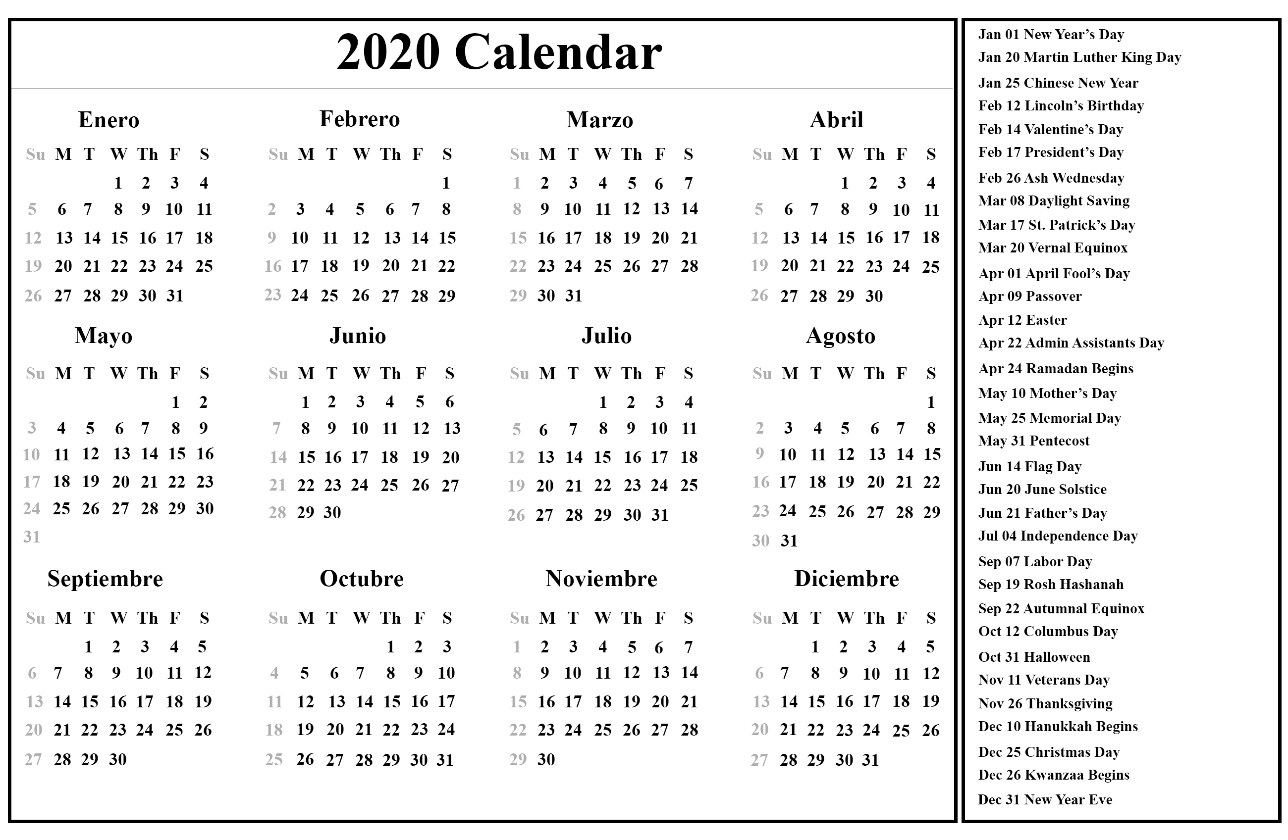 Spanish Calendar 2020