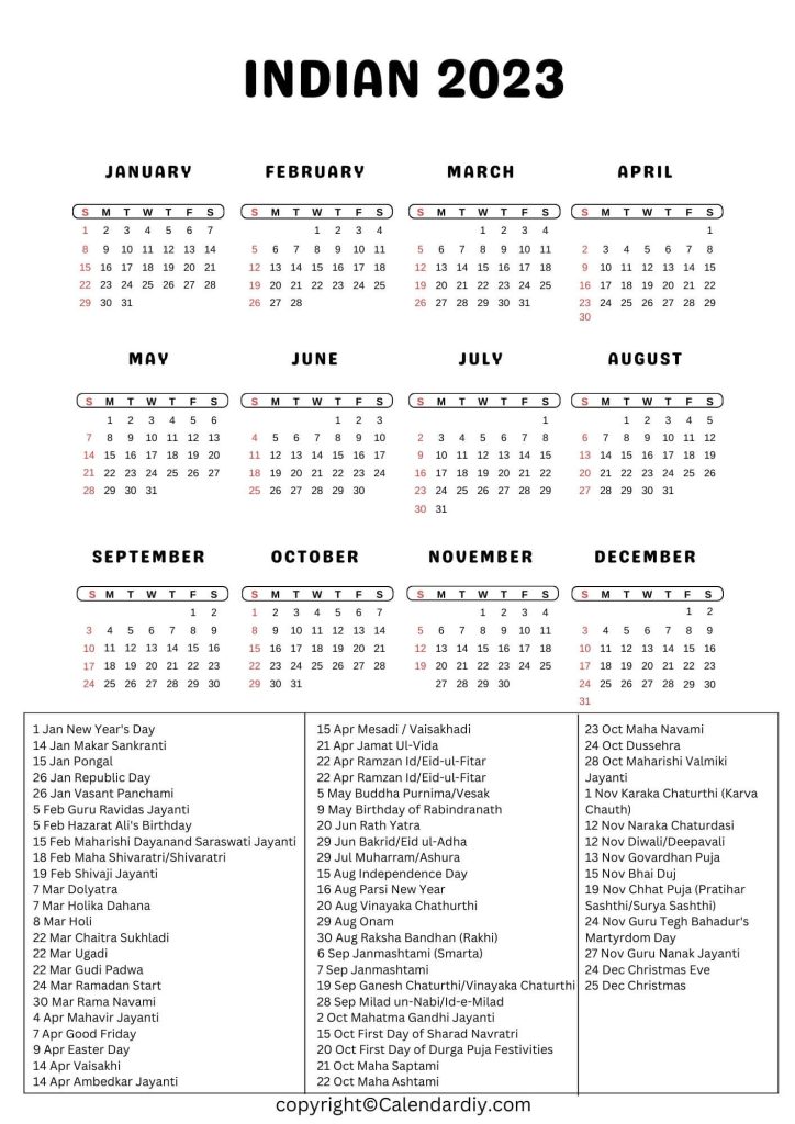 Indian Printable Calendar 2023