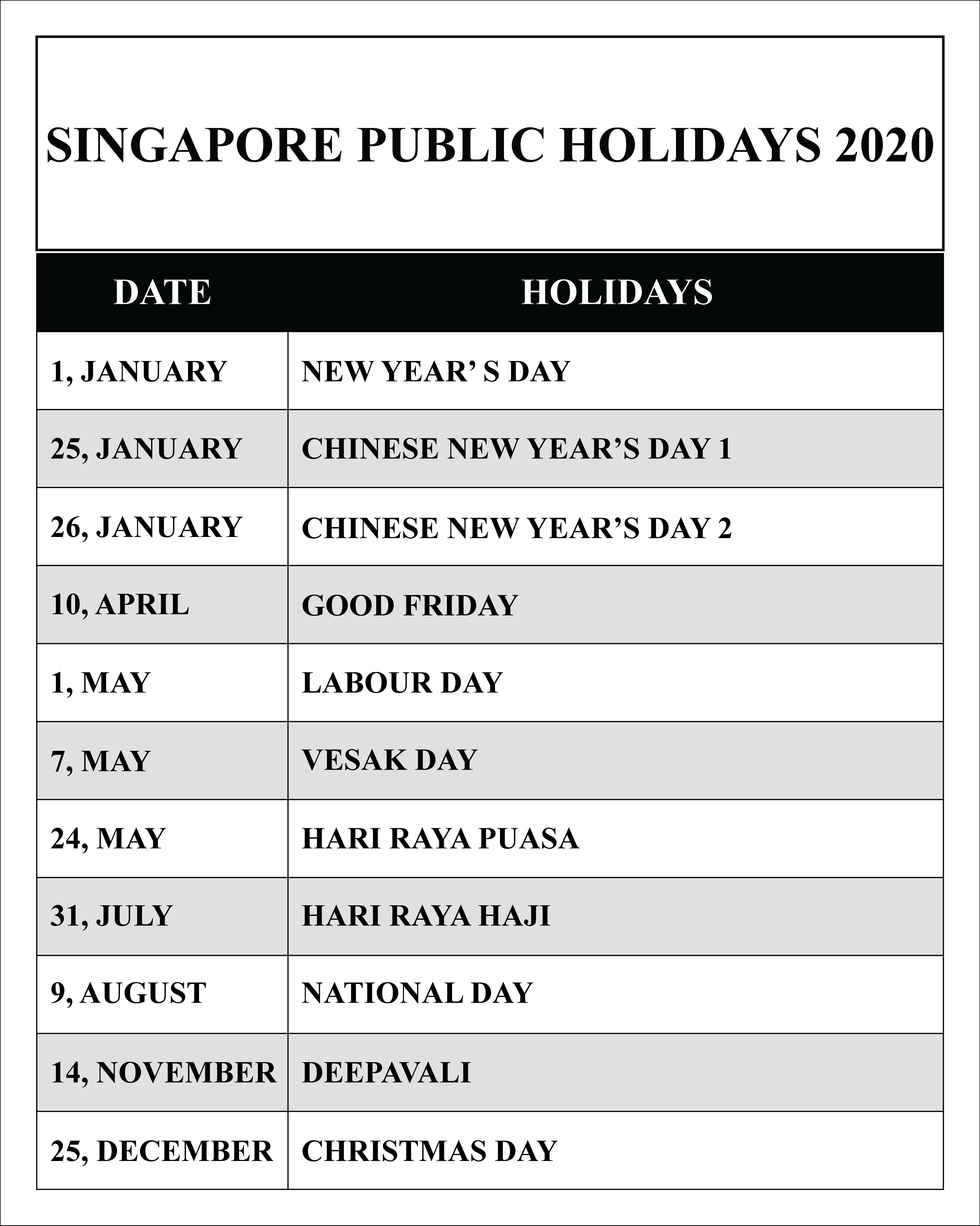 Free Blank Printable Singapore Public Holidays 2020 Calendar