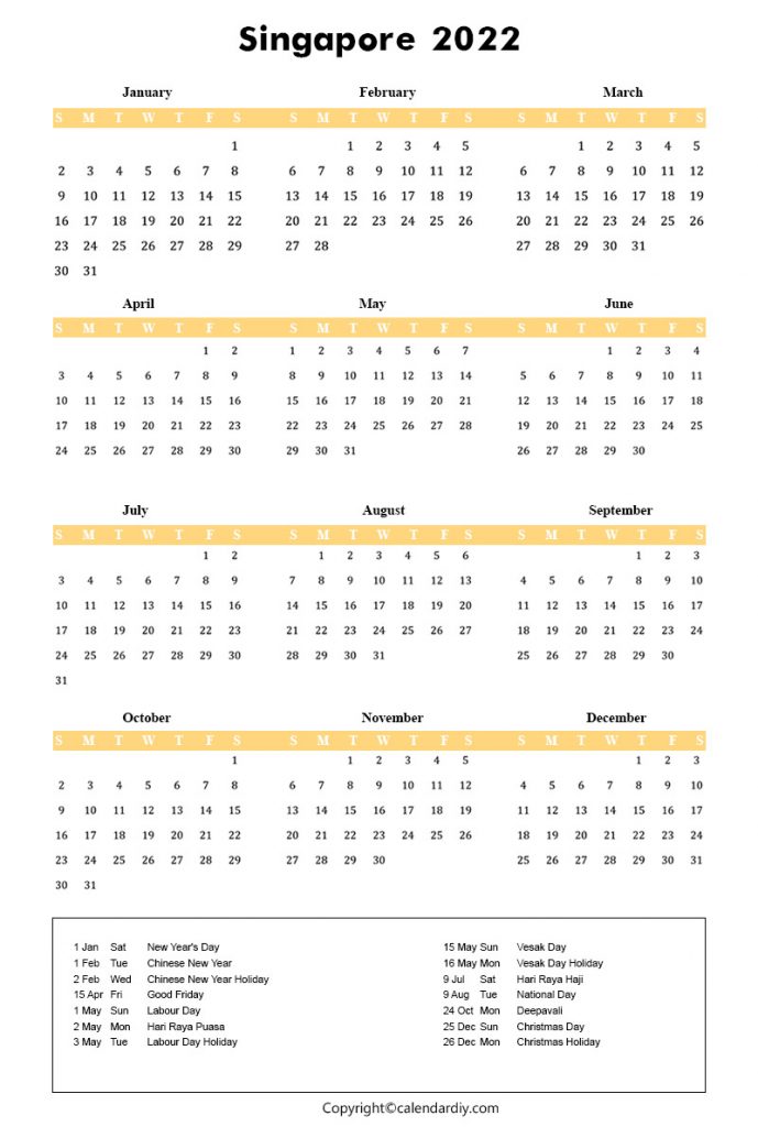 Singapore 2022 Calendar with Holidays