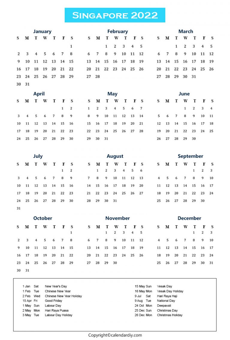 Singapore 2022 Calendar with Holidays Template PDF