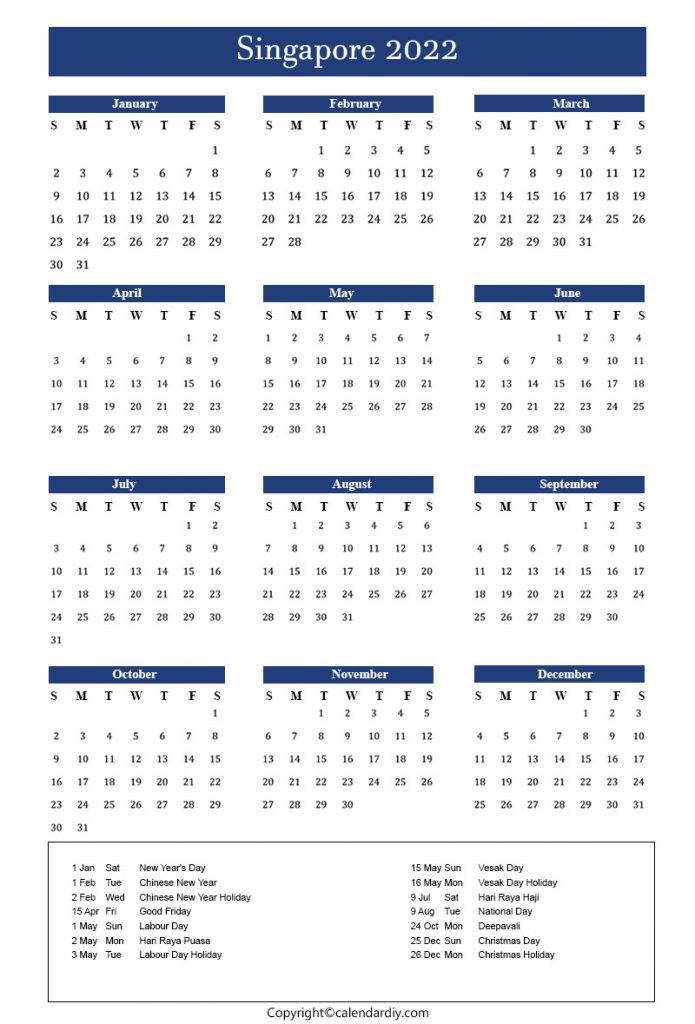 Singapore 2022 Calendar Printable