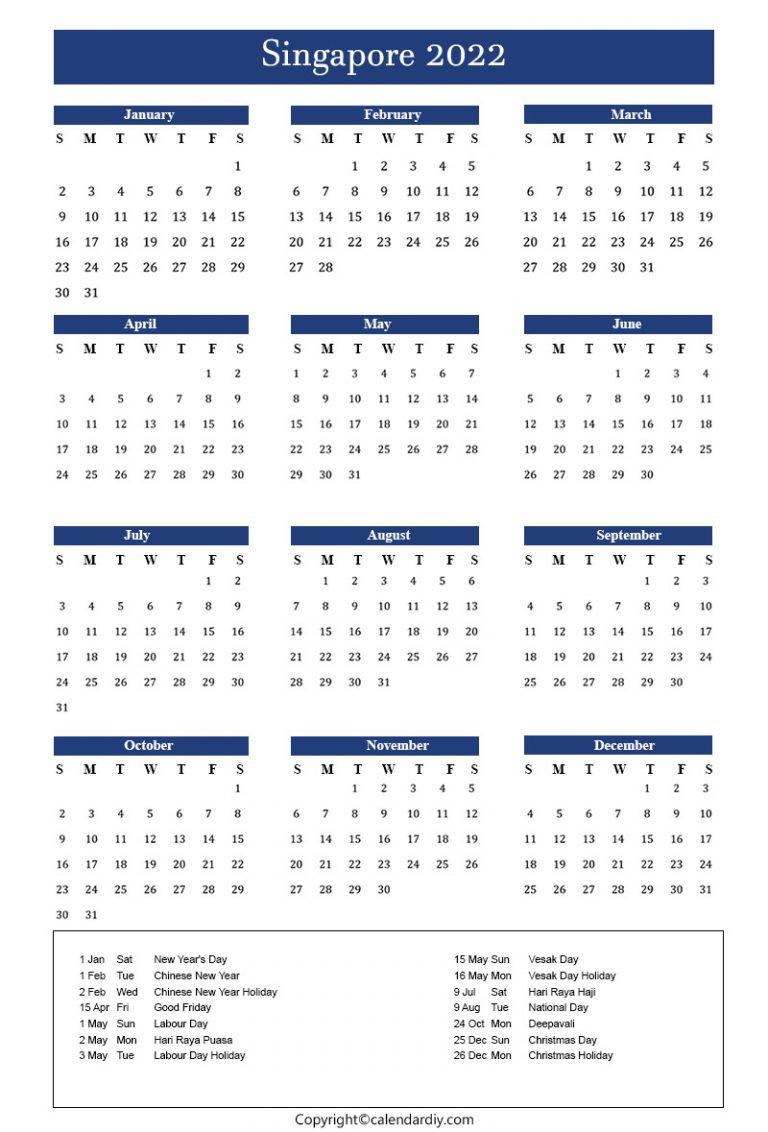 Singapore 2022 Calendar with Holidays Template PDF