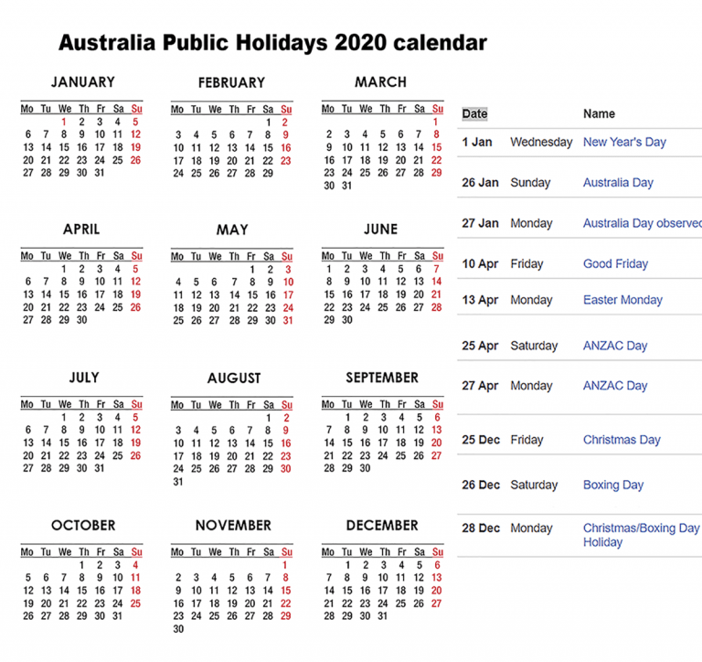 Australia Public Holidays 2020 Australia Holidays 2020