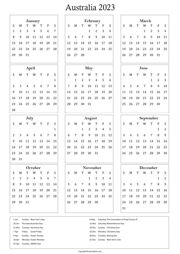 Australia 2023 Holiday Calendar