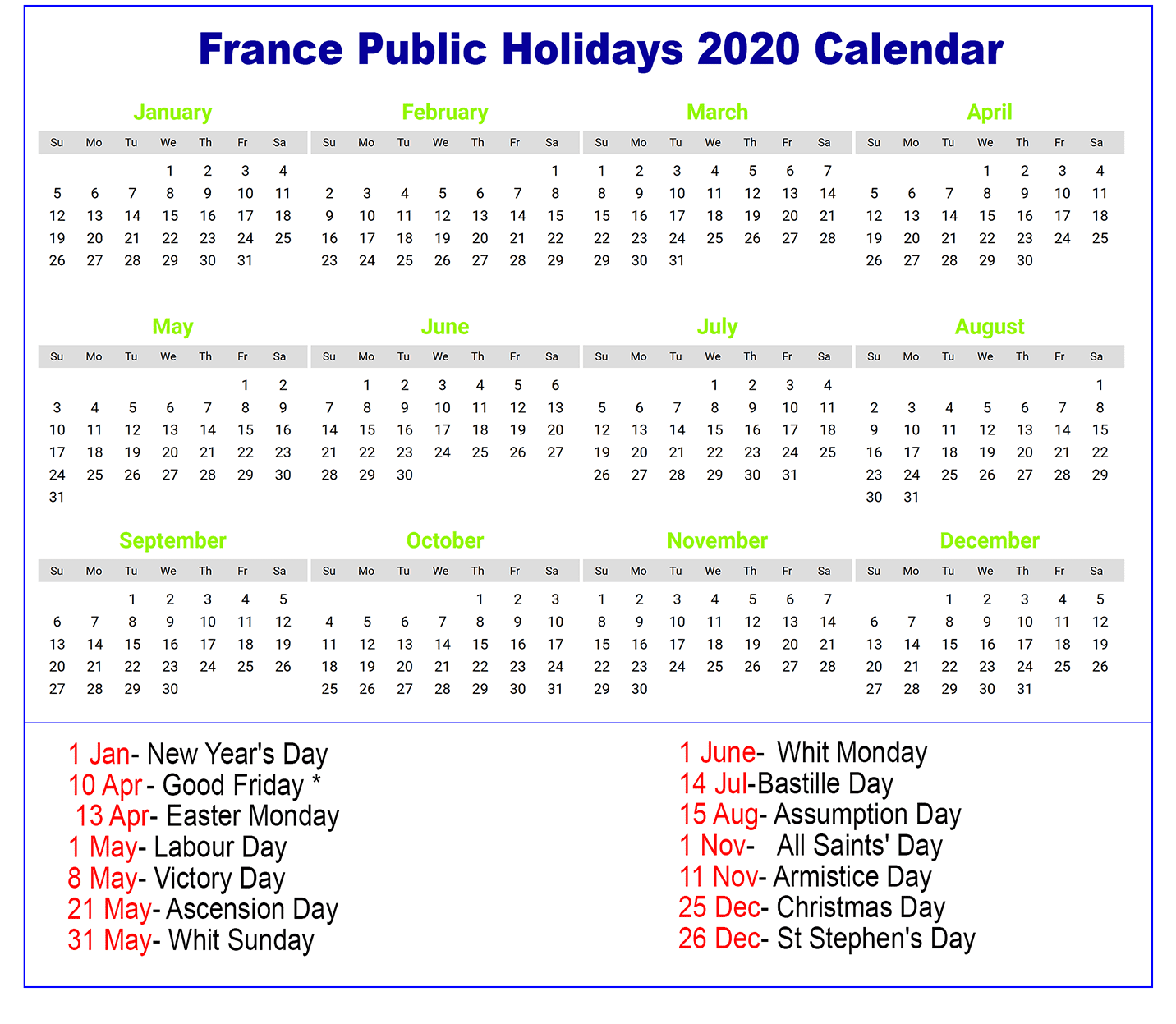 France Public Holidays 2020 Calendar | France Holidays 2020