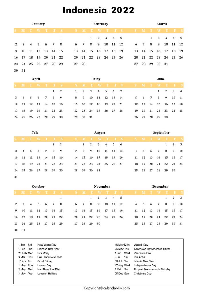 Indonesia 2022 Calendar with Holidays