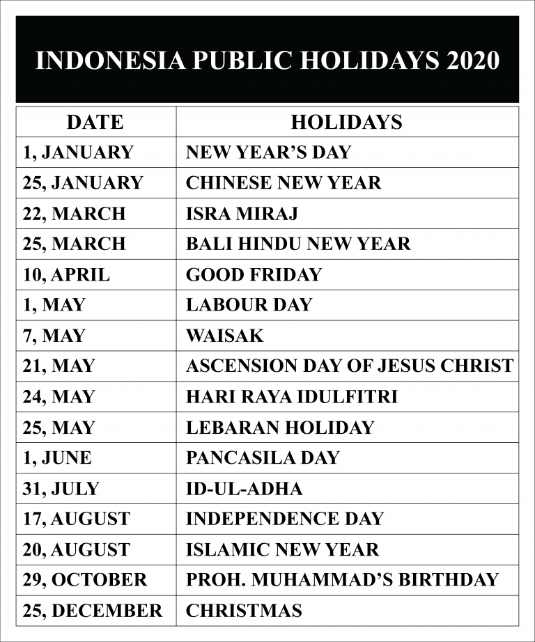 Free Blank & Printable Indonesia Public Holidays 2020 Calendar