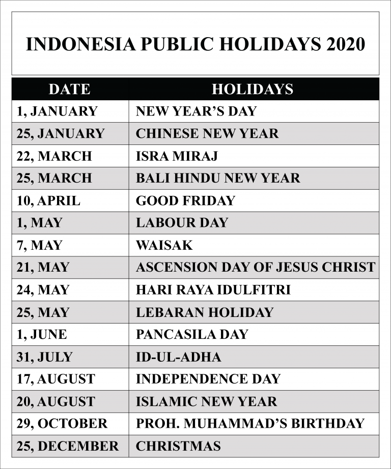 Free Blank & Printable Indonesia Public Holidays 2020 Calendar