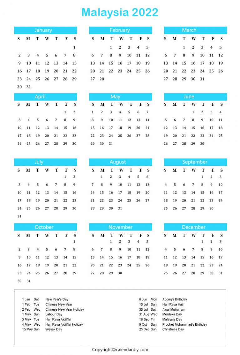 Malaysia 2022 Calendar with Holidays Template PDF