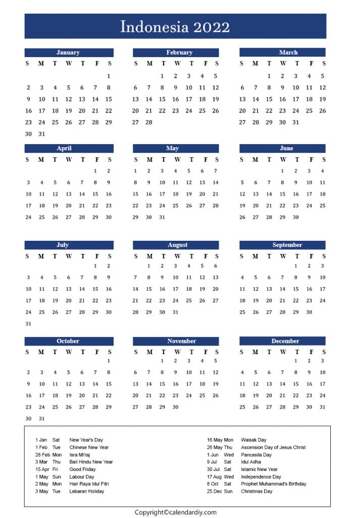 Indonesia 2022 Calendar Printable