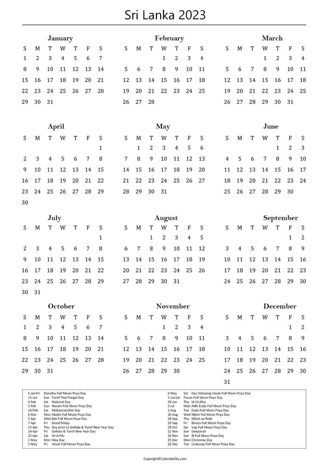 Sri Lanka Public Holidays 2023 | Sri Lanka Calendar 2023