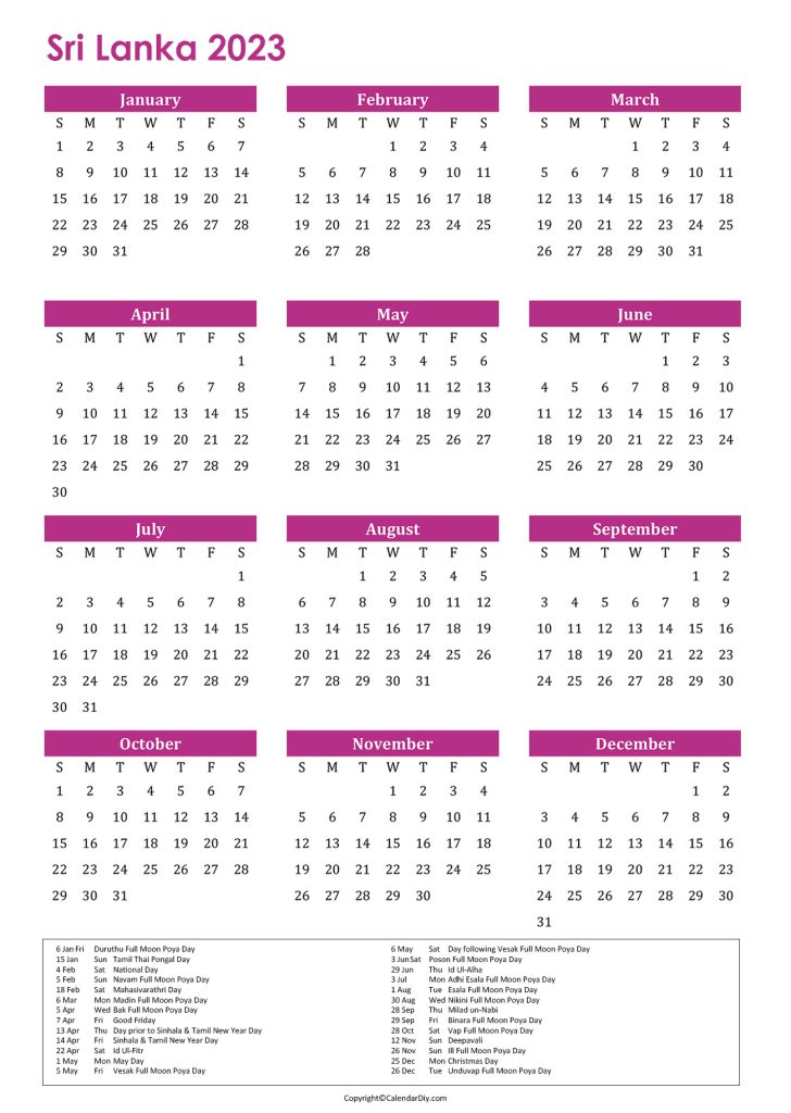 Sri Lanka Holiday Calendar 2023 