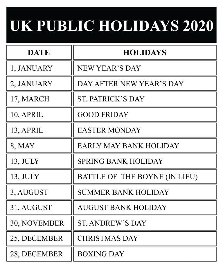 UK Public Holidays 2020 Calendar UK Holidays 2020
