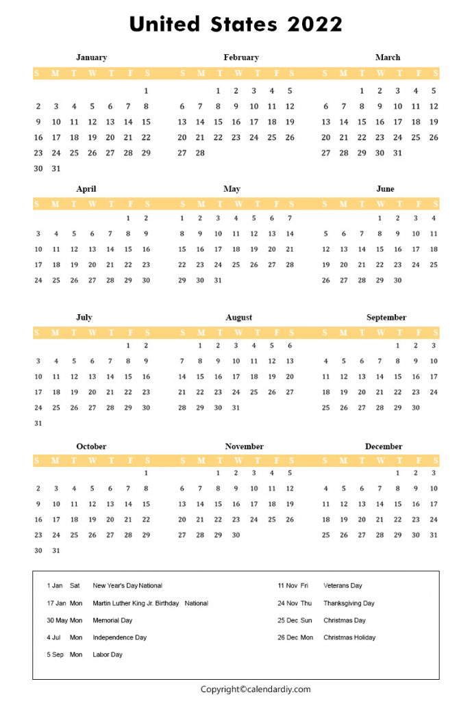 US 2022 Calendar with Holidays