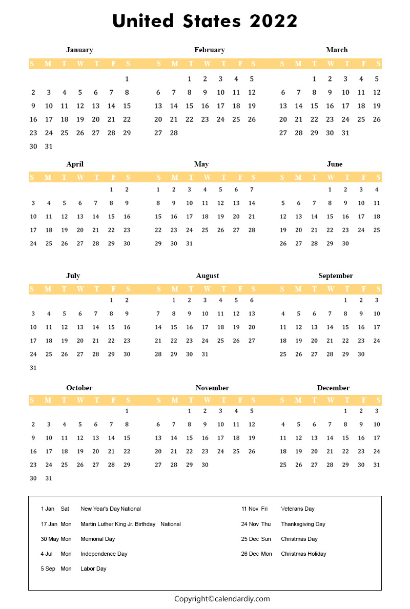 Holiday Calendar 2022 Usa Us 2022 Calendar With Holidays Template Pdf