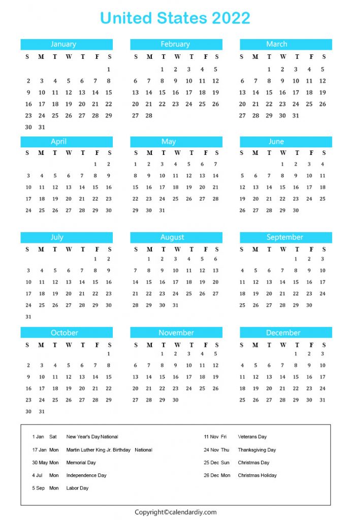 US Holiday Calendar 2022