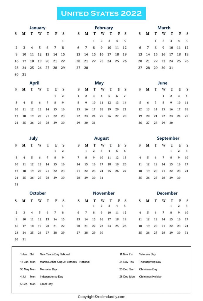US 2022 Calendar with Holidays Template PDF