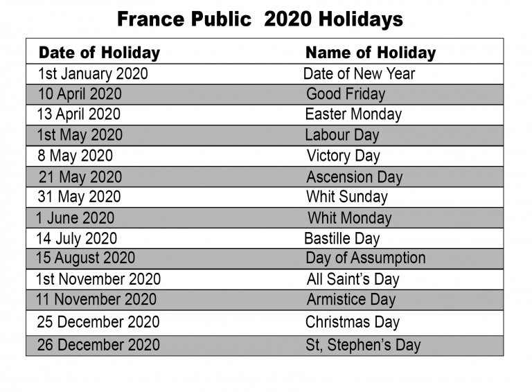 France Public Holidays 2020 Calendar | France Holidays 2020