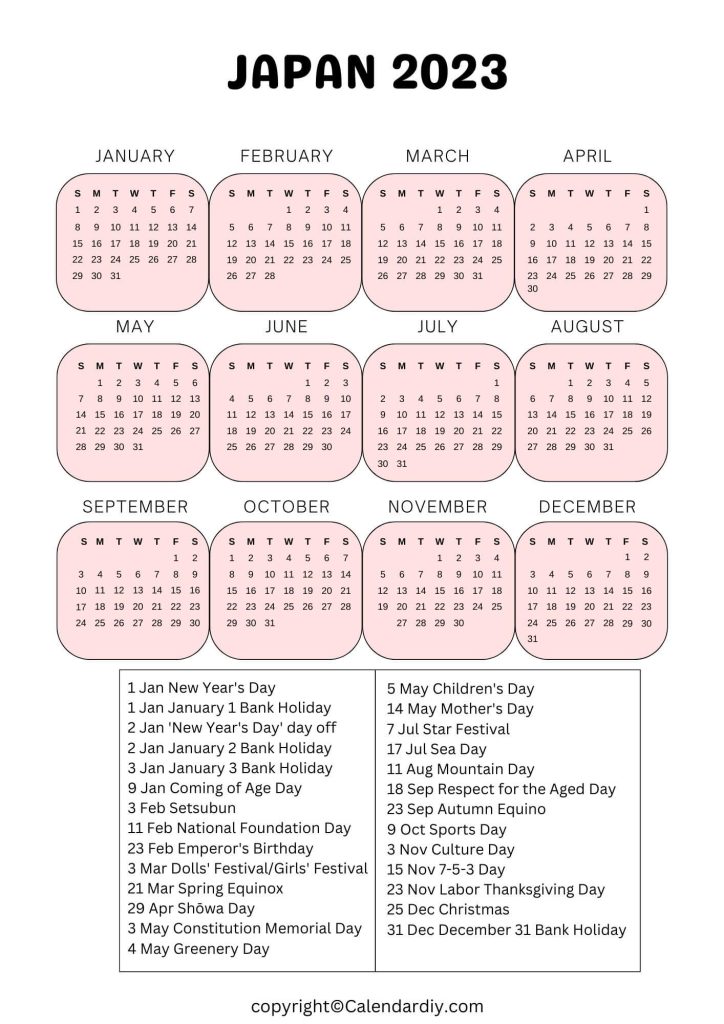Japan Printable Calendar 