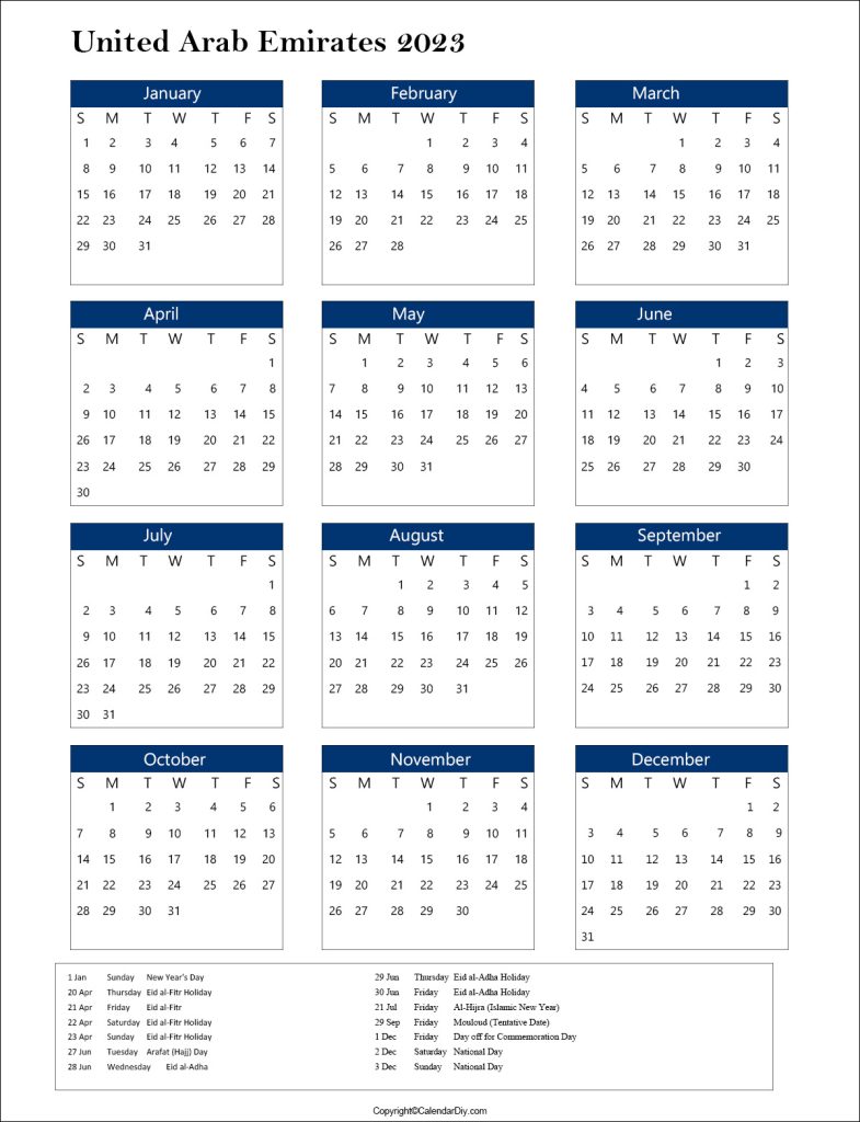 UAE Calendar with Public Holidays 2023