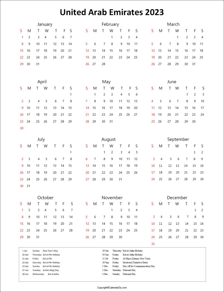 UAE Holiday Calendar 2023