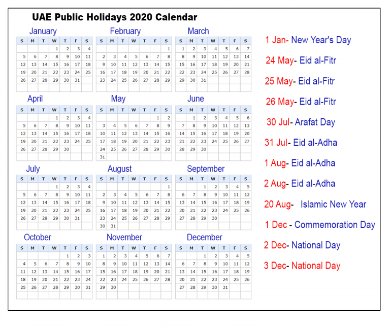 UAE Public Holidays 2020 Calendar UAE Holidays 2020