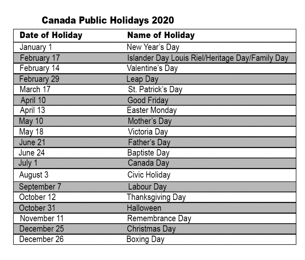Canada Public Holidays 2020 | Canada Holidays 2020