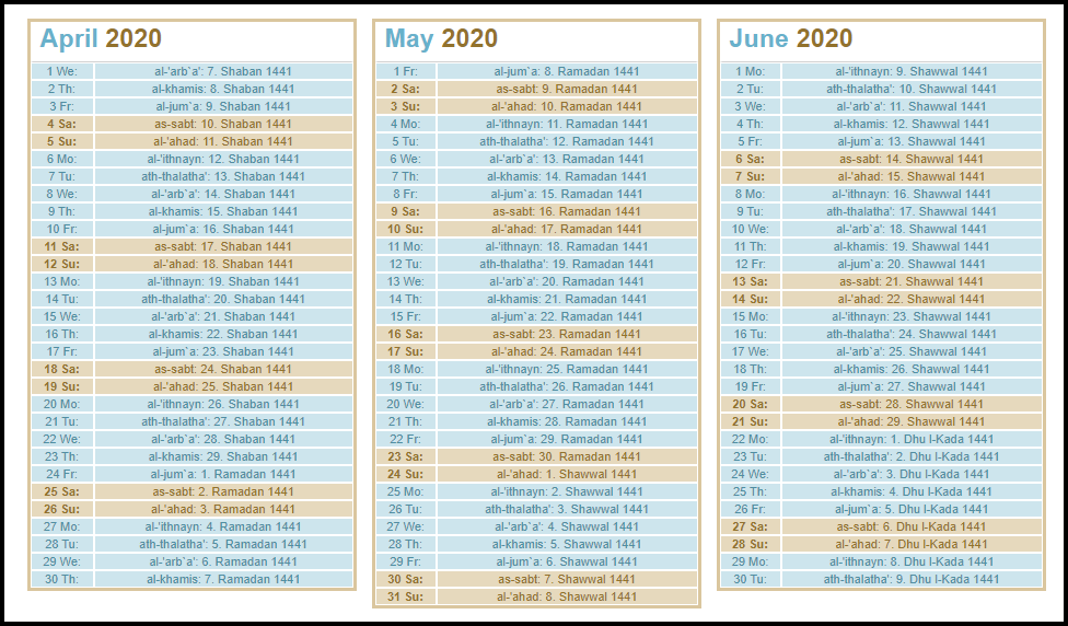 Arabic Calendar 2020