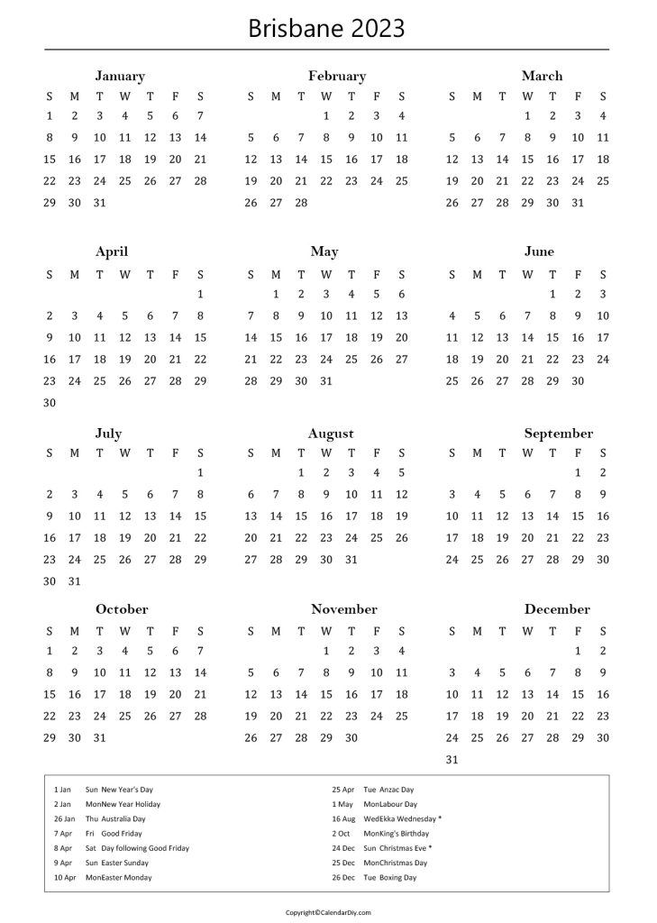 Brisbane 2023 Holiday Calendar