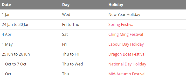 Public Holidays in China