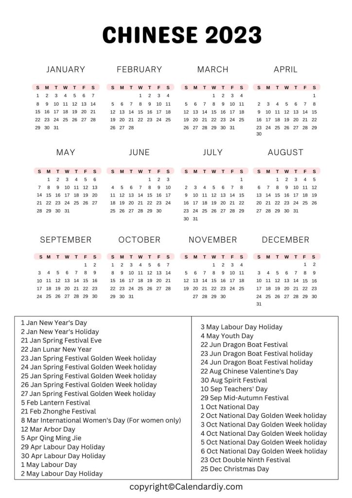 Chinese Public Holiday Calendar 2023