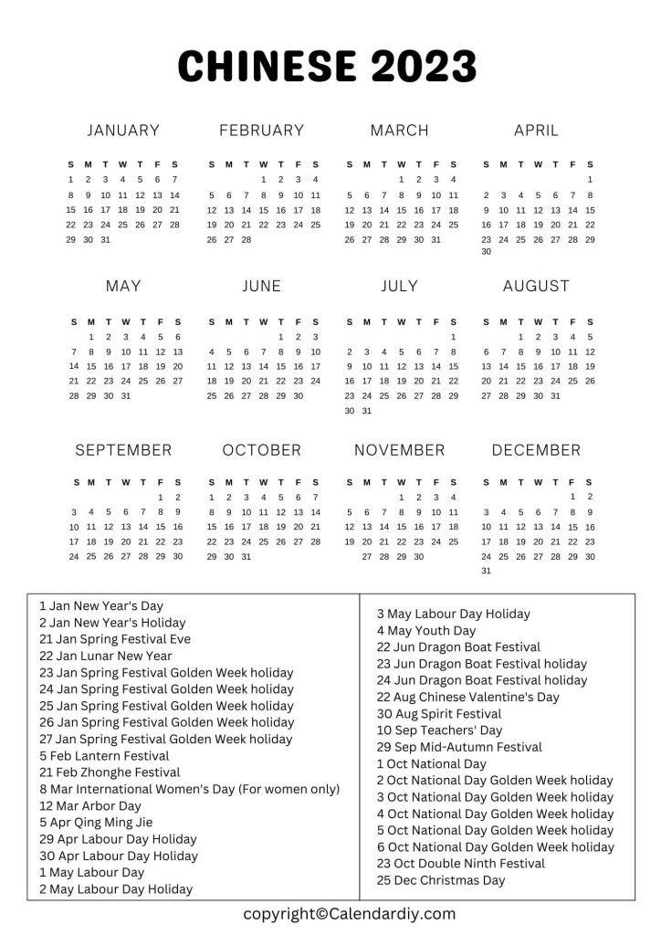 Chinese 2023 Holiday Calendar