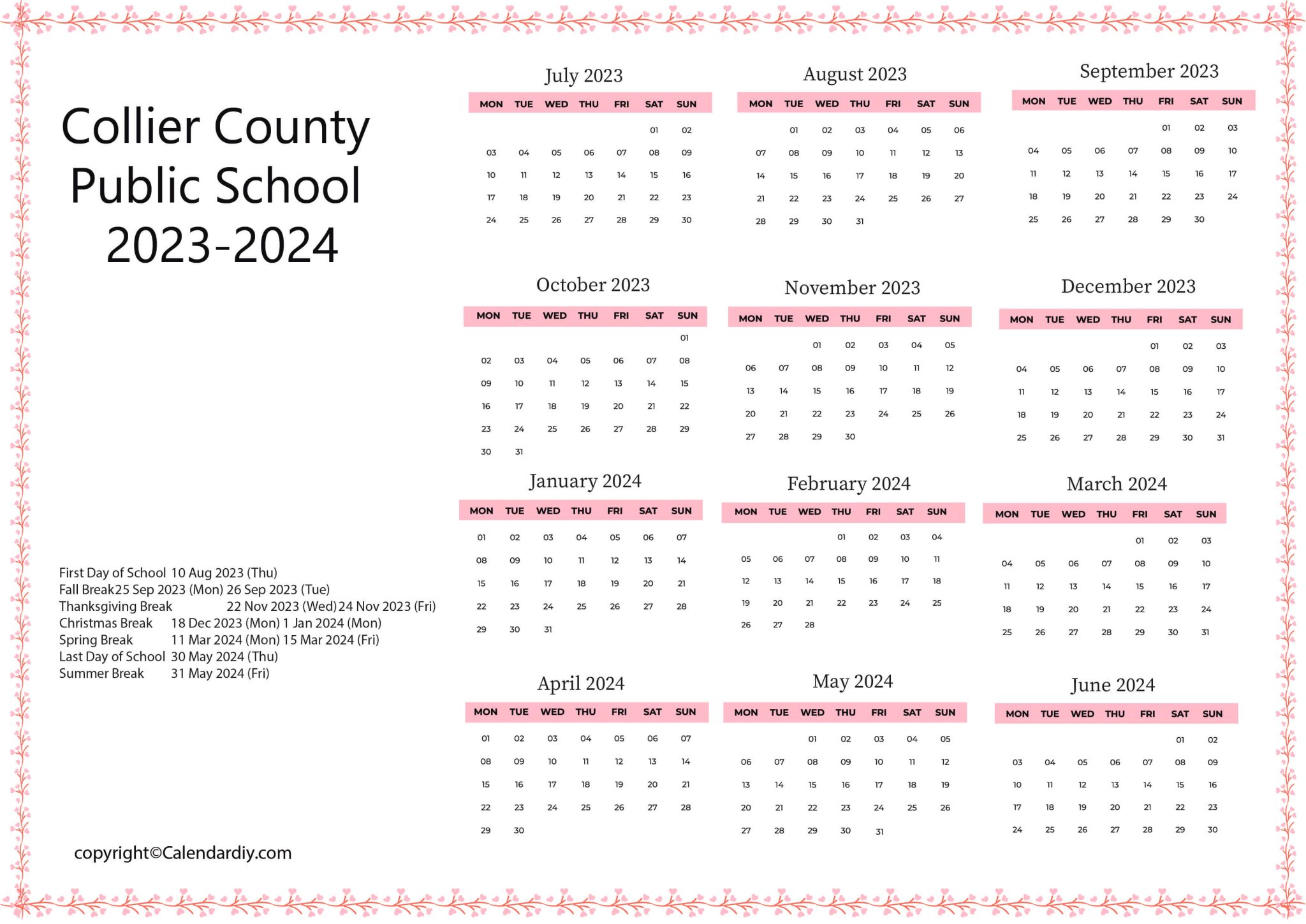 Collier County Public School Calendar 2023 24 Printable Pdf