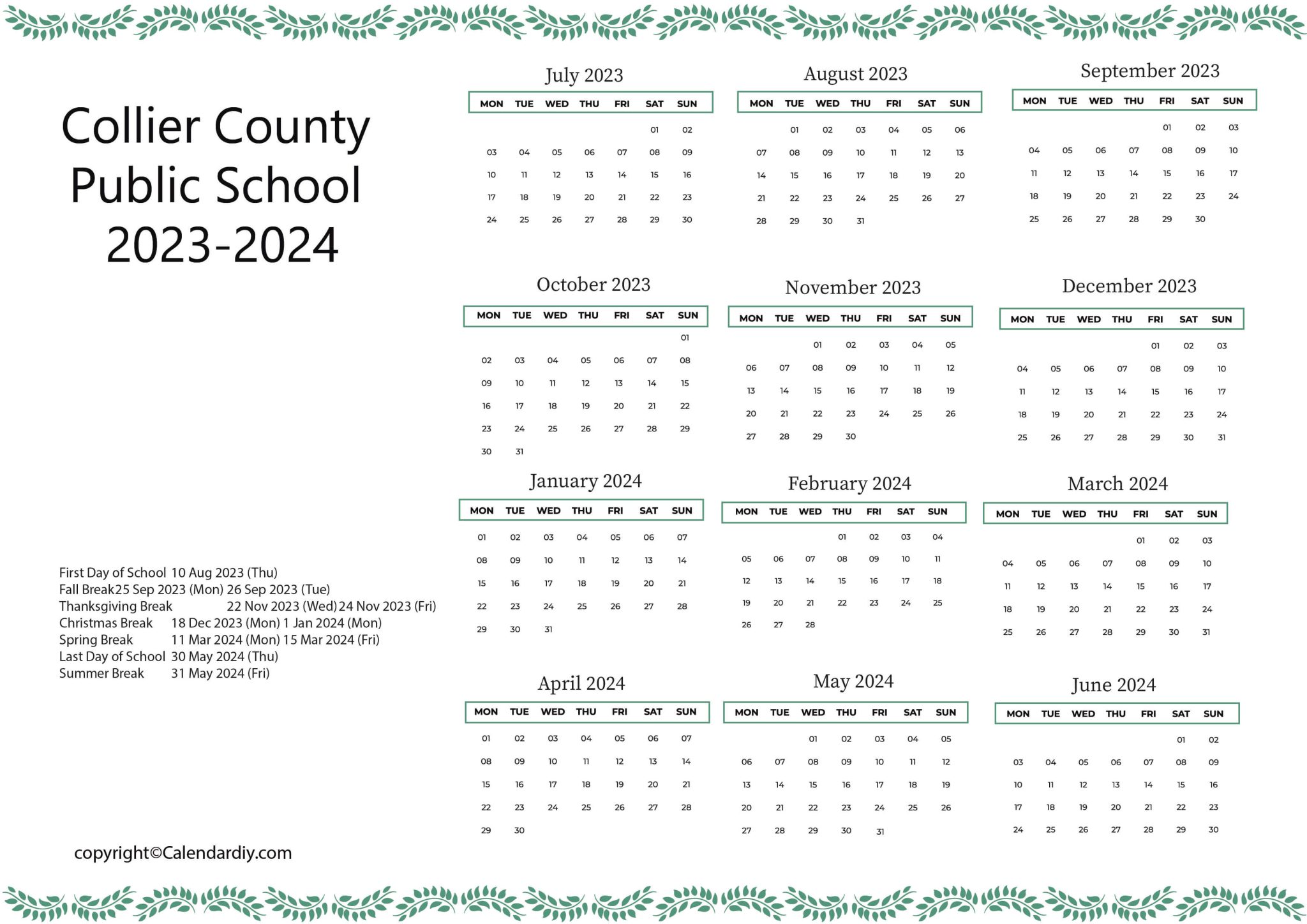 Collier County Public School Calendar 2023-24 Printable Pdf