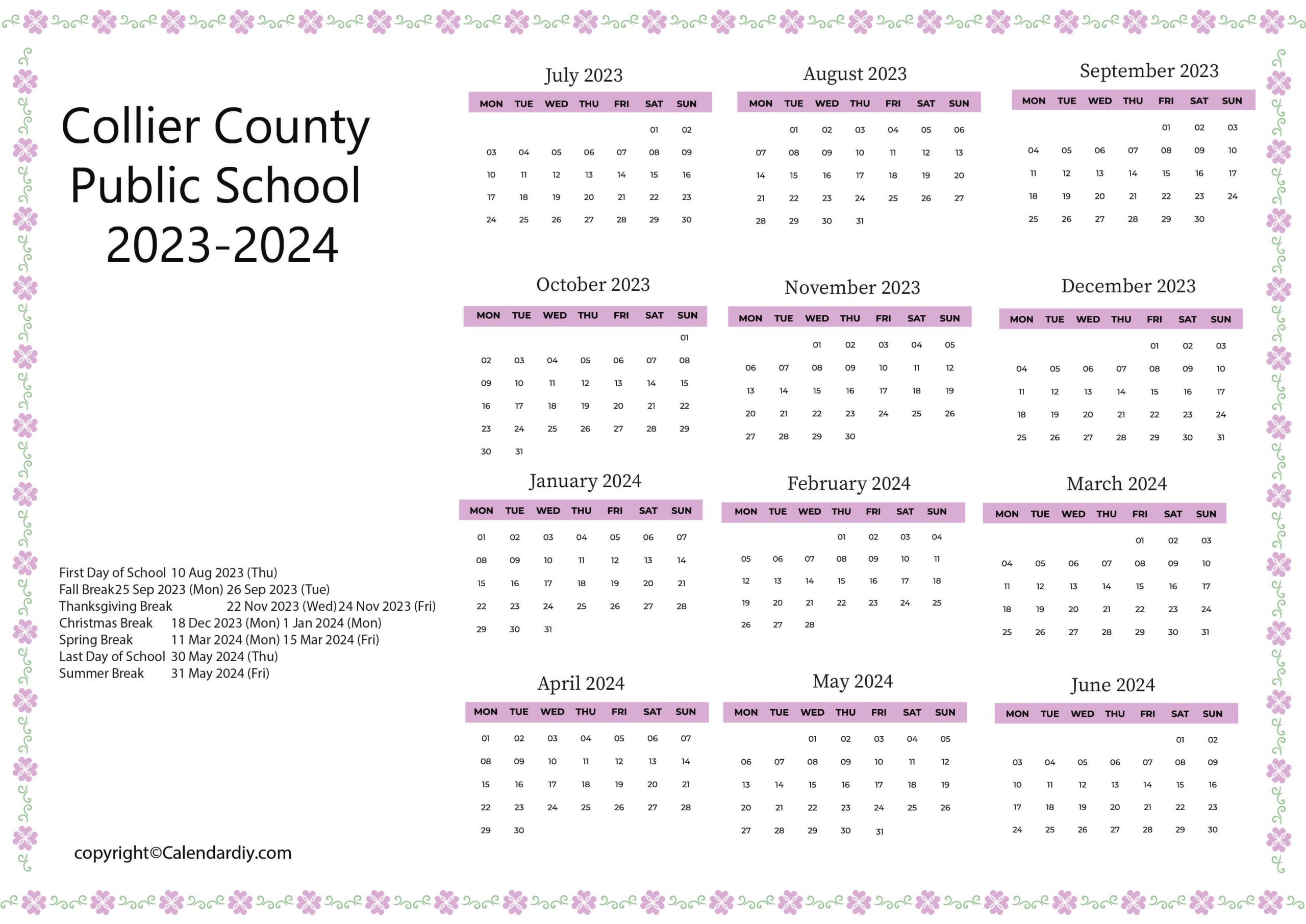 Collier Academic School Calendar