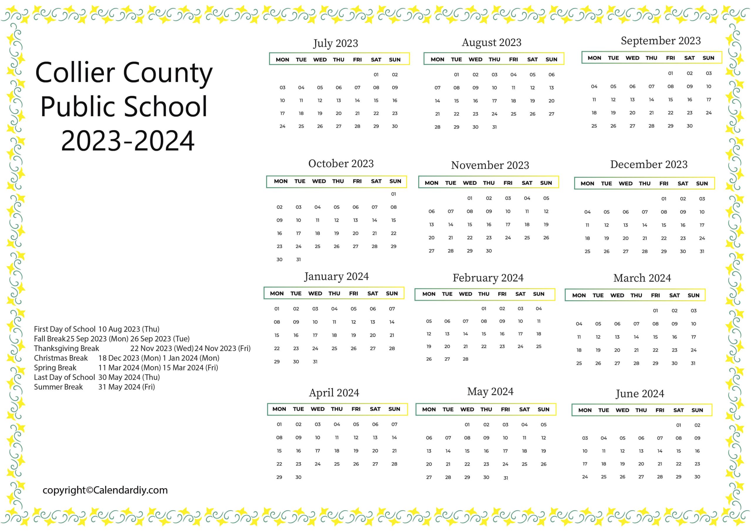 Printable Collier Academic School Calendar