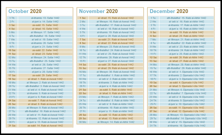 Printable Islamic 2020 Calendar | Hijri Calendar 1441