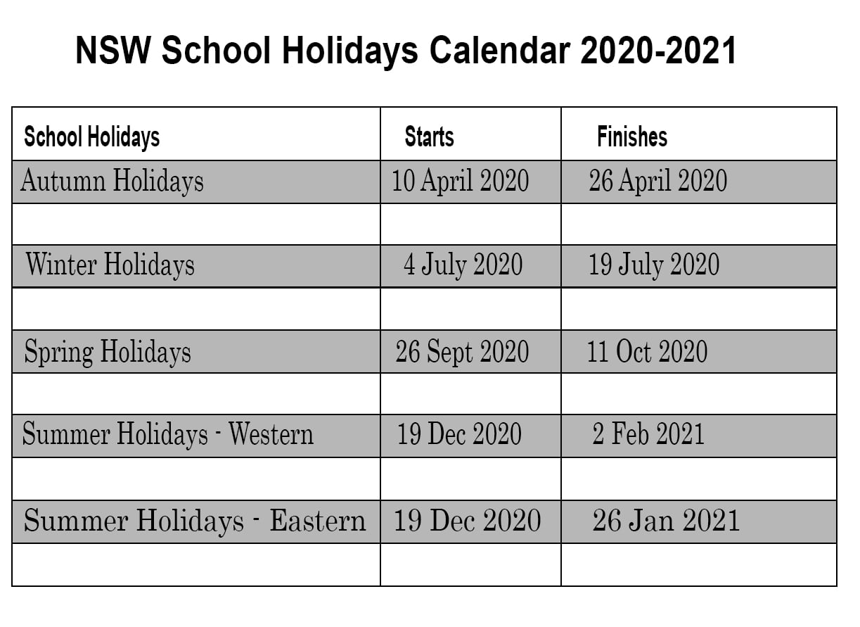 NSW 2020 School Holidays Calendar Template (New South Wales)
