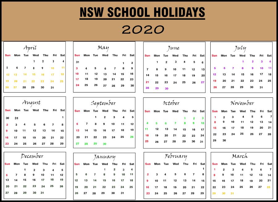 Calendar 2020 Templates With NSW Holidays