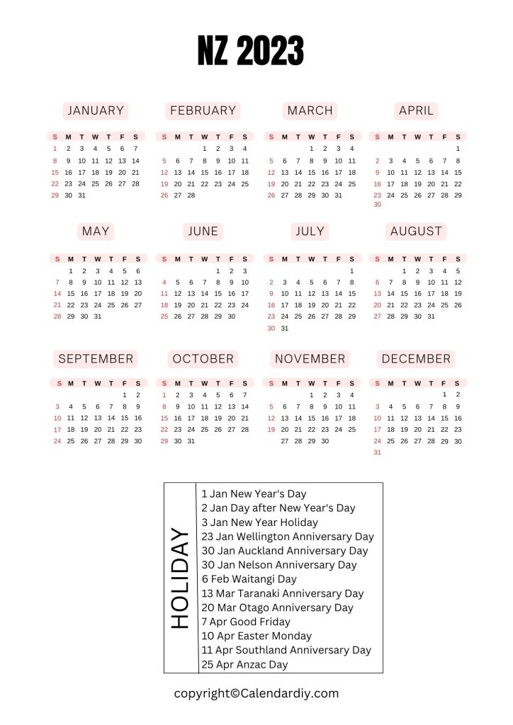 NZ 2023 Holiday Calendar