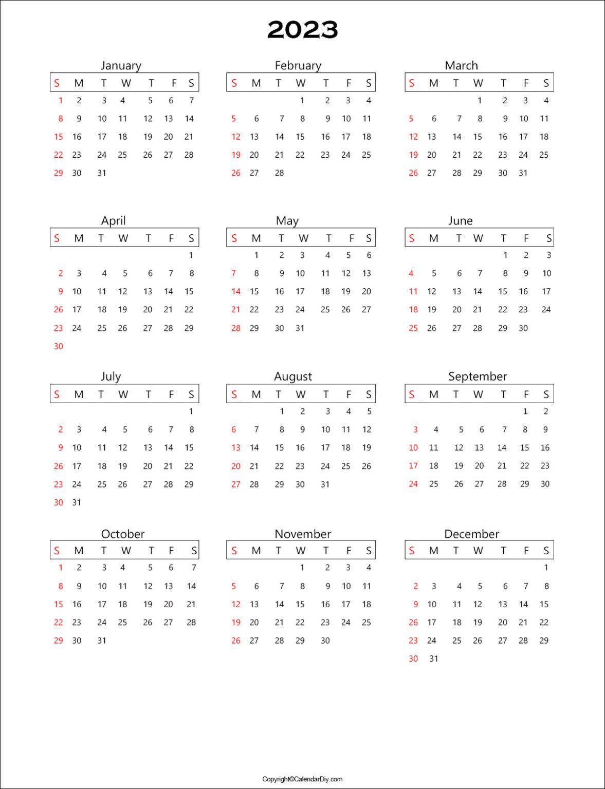 One Page Calendar 2023 Printable Template {PDF}