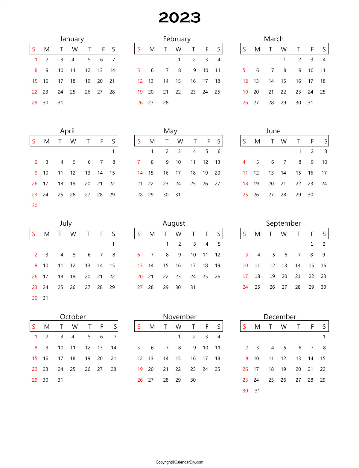 One Page Calendar 2023 Printable Template {PDF}